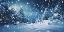 Winter Christmas Scenic Background With Copy Space. Snow Landscape With Spruce Branches Covered With Snow Close - Up, Snowdrifts And Falling Snow On Nature Outdoors, Copy Space, Toned Blue. 