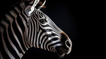 Wall Mural - Beautiful zebra in front of a black background (AI Generated) 