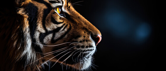 Wall Mural - Beautiful tiger in front of a black background (AI Generated) 