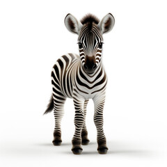 Wall Mural - Cute little zebra in front of a white background (AI Generated) 