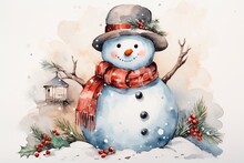 In This Endearing Watercolor Artwork, Frosty The Snowman Comes To Life Amidst Falling Snowflakes, Showcasing The Holiday Magic With His Scarf, Hat, And Carrot Nose.