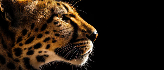 Wall Mural - Beautiful leopard in front of a black background (AI Generated) 