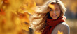 © Keitma - Autumn banner , nice girl with yellow red fall leaves on blurred nature background