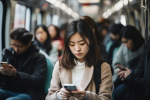Asian Girl In A Busy Train Scrolling On Her Smart Phone