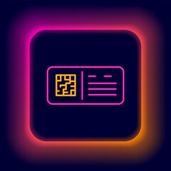 Glowing neon line QR code ticket train icon isolated on black background. Colorful outline concept. Vector