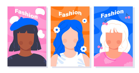 Wall Mural - set of fashion covers concept. women and young girls. aesthetics and elegance, beauty. flyer and boo