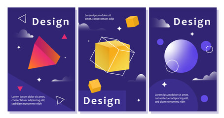Wall Mural - Set of geometric shapes banners. Metaverse and cyberspace. Triangle, sphere and cube. Modern flyer and leaflet in futuristic style. Cartoon flat vector collection isolated on white background