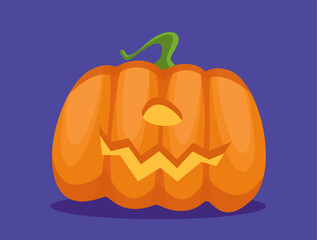 Wall Mural - Happy Halloween pumpkin concept. Monster, creepy and bizzare character. Fairy tale and fantasy. Template, layout and mock up. Cartoon flat vector illustration isolated on blue background