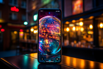 Poster - a vertical selective focus shot of a smartphone with the lights of the background