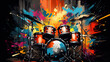 © DELstudio - Generative AI, Jazz music street art with drums musical instrument silhouette. Ink colorful graffiti art on a textured wall, canvas background