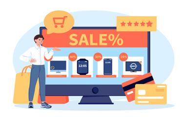 Wall Mural - sale in online store concept. man with percent near tv screen. electronic commerce, marketing and ad