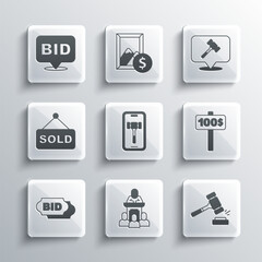 Wall Mural - Set Auction auctioneer sells, hammer, Hand holding paddle, Online, Bid, sold, and icon. Vector