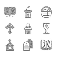 Canvas Print - Set Church pastor preaching, Holy bible book, Christian chalice, building, cross, Basket with easter eggs and Location church icon. Vector