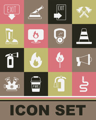 Sticker - Set Fire hose reel, Megaphone, Traffic cone, exit, Location with fire flame, boots, and Gas mask icon. Vector