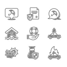 Set Lifebuoy In Hand, Money Bag With Shield, Burning Car, Car Insurance, Accident, House Flood, Umbrella And Icon. Vector