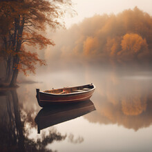 Old Wooden Row Boat On Calm Lake Water With Autumn Trees