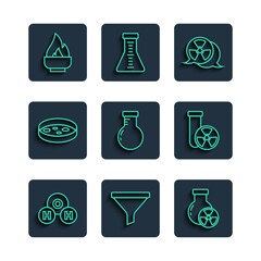 Wall Mural - Set line Chemical formula for H2O, Funnel filter, Test tube radiation, Radioactive, and flask, Petri dish with bacteria, Alcohol spirit burner and icon. Vector