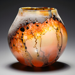 Sticker - stunning raku pot with flecks of melted glass throughout glaze and featuring big transparent gemstones in peach tones Generative Ai