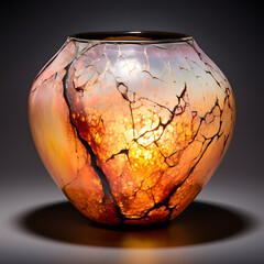 Wall Mural - stunning raku pot with flecks of melted glass throughout glaze and featuring big transparent gemstones in peach tones Generative Ai