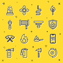 Sticker - Set line Ringing alarm bell, Mobile emergency call 911, Fire protection shield, hose reel, Flashlight, Flasher siren and Smoke system icon. Vector