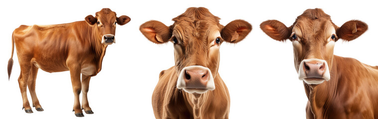 Wall Mural - Collection of three brown cows (portrait, standing), animal bundle isolated on a white background as transparent PNG