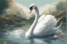 There Is A Watercolor Painting Of A Swan Swimming In The Water Generative Ai