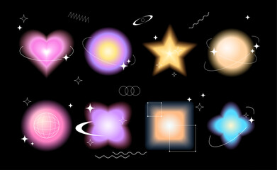 Wall Mural - set of blurred glowing graphic shapes, retro graphics, blurred objects in a white futuristic frames 