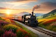 Visualize a scene where a charming steam-powered train traverses through a countryside bursting with colorful wildflowers. The fields are a patchwork of vivid hues – delicate blues and best landscape 
