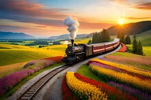 Visualize A Scene Where A Charming Steam-powered Train Traverses Through A Countryside Bursting With Colorful Wildflowers. The Fields Are A Patchwork Of Vivid Hues – Delicate Blues And Best Landscape 