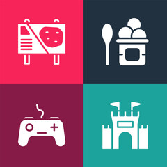 Wall Mural - Set pop art Castle, Gamepad, Ice cream in bowl and Amusement park billboard icon. Vector