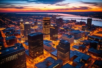 Wall Mural - Aerial View of Downtown Detroit Michigan at Twilight Showing Business Buildings and Landmarks on Street Borders in US: Generative AI