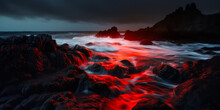 Dramatic Crimson Waves Crashing Against Rocky Shore, Highlighting Raw Natural Intensity And Beauty. Standout Visual In Moody Atmosphere For High Impact Marketing.