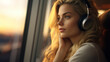 Beautiful woman with headphones during travel at summer time