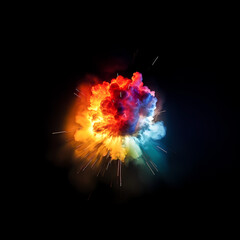 Wall Mural - Explosion, smoke, colorful lighting, black background. Generative AI technology.