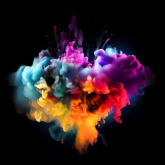 Wall Mural - Explosion, smoke, colorful lighting, black background. Generative AI technology.