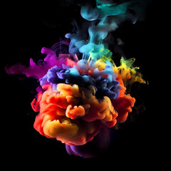 Wall Mural - Explosion, smoke, colorful lighting, black background. Generative AI technology.