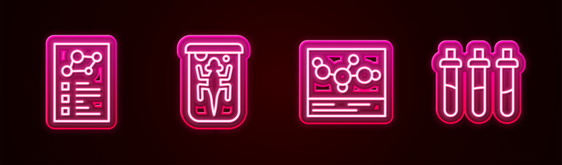 Sticker - Set line Clinical record, Experimental animal, Chemical formula and Reagent bottle. Glowing neon icon. Vector