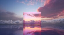 A Neon Square Frame, Radiating A Brilliant Luminescence, Floats Ethereally In A Sky Brimming With Fluffy Clouds, Bathed In The Golden Hues Of Sunset. This Luminous Square Contrasts 