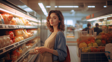 A beautiful pregnant woman in the grocery shop, Generative Ai