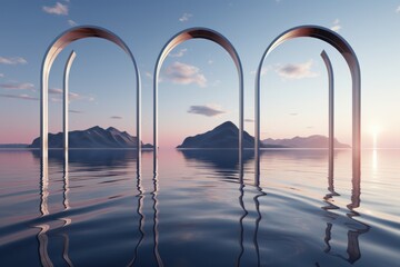 Sticker - 3d illustration of arches in the water with mountains in the background