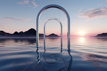 Sticker - Suspension bridge in the sea. 3d render illustration.