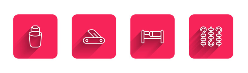 Sticker - Set line Bucket, Swiss army knife, Bed and Grilled shish kebab on skewer with long shadow. Red square button. Vector