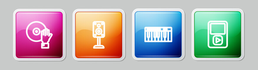 Sticker - Set line DJ playing music, Stereo speaker, Music synthesizer and player. Colorful square button. Vector