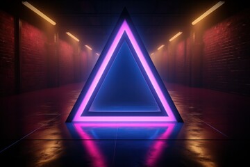 Wall Mural - 3D rendering of an abstract background with neon lights and a pyramid