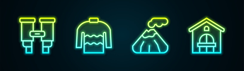 Canvas Print - Set line Binoculars, Sweater, Volcano and Farm house. Glowing neon icon. Vector