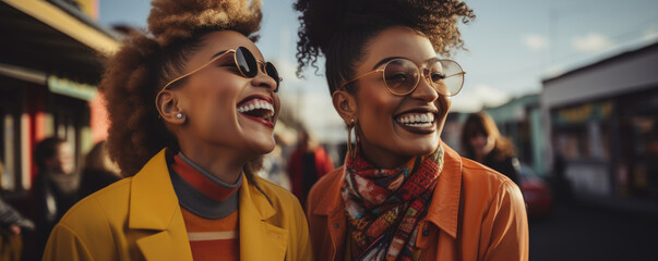 Sticker - Two black women stare off into the horizon their faces beaming with joy and curiosity. Wearing bright yellow and red outfits they