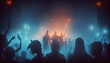 © PixxStudio - Massive halloween party with many unrecognizable costumed people dancing in fog or smoke, neural network generated art. Digitally . any actual scene or pattern, Ai generated image