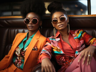 Sticker - Two attractive and stylish African American women pose playfully side by side. Both clad in matching outfits of luxurious materials