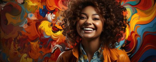 Sticker - A young African woman painting a vibrant mural on a canvas her smile of satisfaction palpable as she curls her lips.