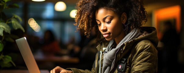 Sticker - A Black student sits alone in a corner of a library her eyes focused and her hands working diligently on her laptop. She has a pile